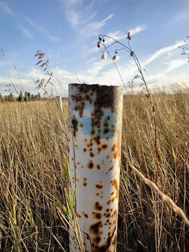 Rusty pipe post in a prairie grass field